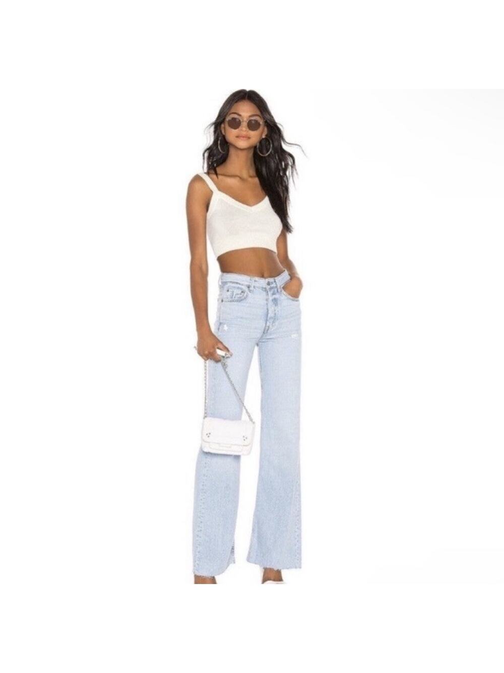 GRLFRND Carla Wide Leg Flare Distressed Jeans Women’s Sz 27 Keep Talking